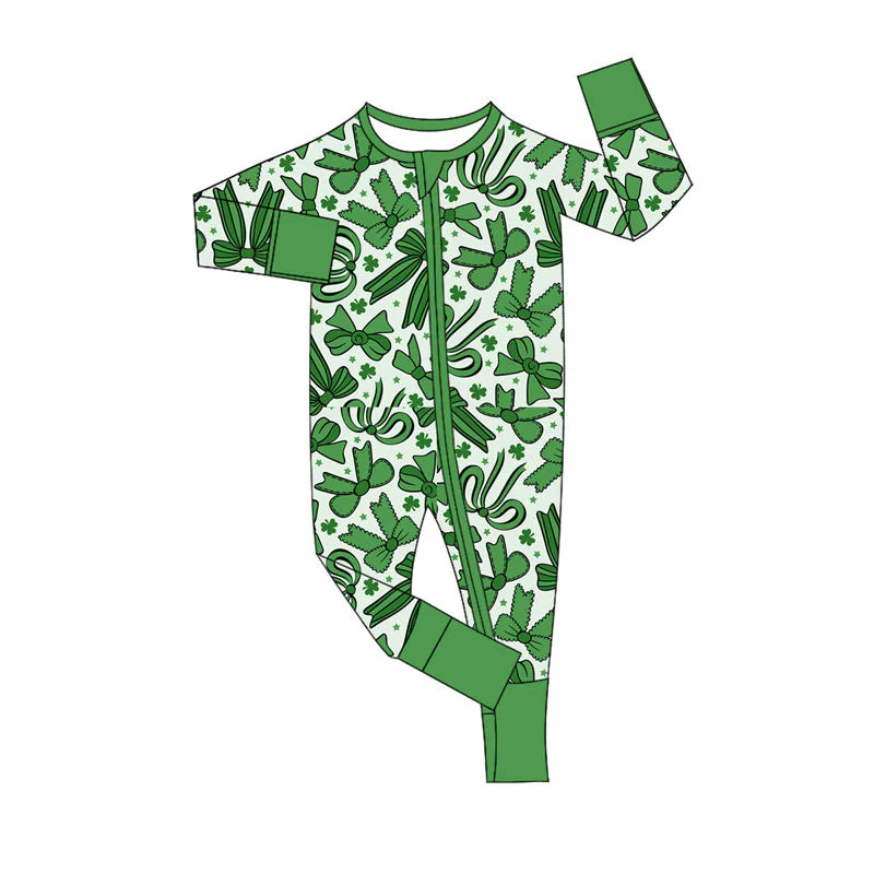 X924Preorder (moq 5)Baby Boys Bows Clovers St Patrick Zipper Footie Rompers