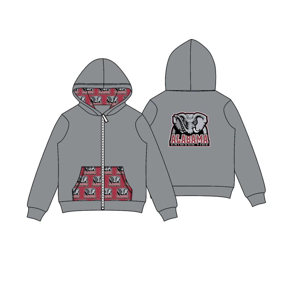 8.5Preorder (moq 5)Baby Boys Gray Alabama Elephants Team Pocket Zipper Hoodies Tops