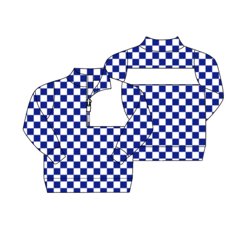 8.1preorder(moq 5) Baby Boys Blue Checked Zipper (Custom Pattern) Team Pullover Jackets Tops