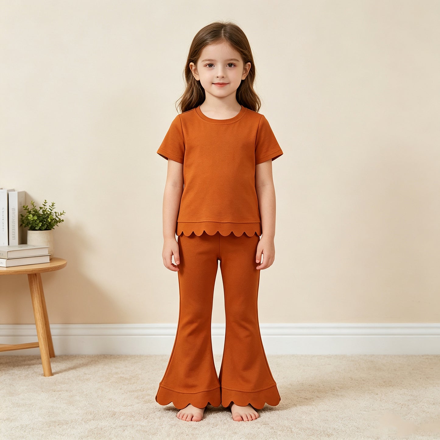 NEW RTS NO MOQ cotton GSPO2345(GT1775+P1083)Baby Girls Short Sleeve Shirts Top Flare Pant Scallop Sets