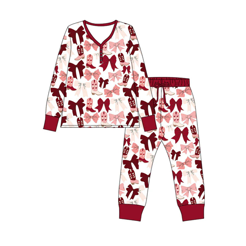 X922 Preorder (moq 5)Baby Girls Pink Red Bows Heart Boots Button Top Pants Pajamas Sets