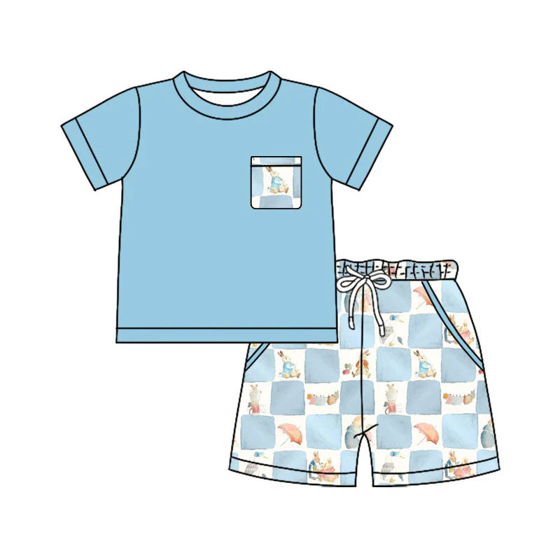 X11.17Preorder(moq 5) Baby Boys Short Sleeve Top Rabbits Checked Pockets Shorts Easter Clothes Sets