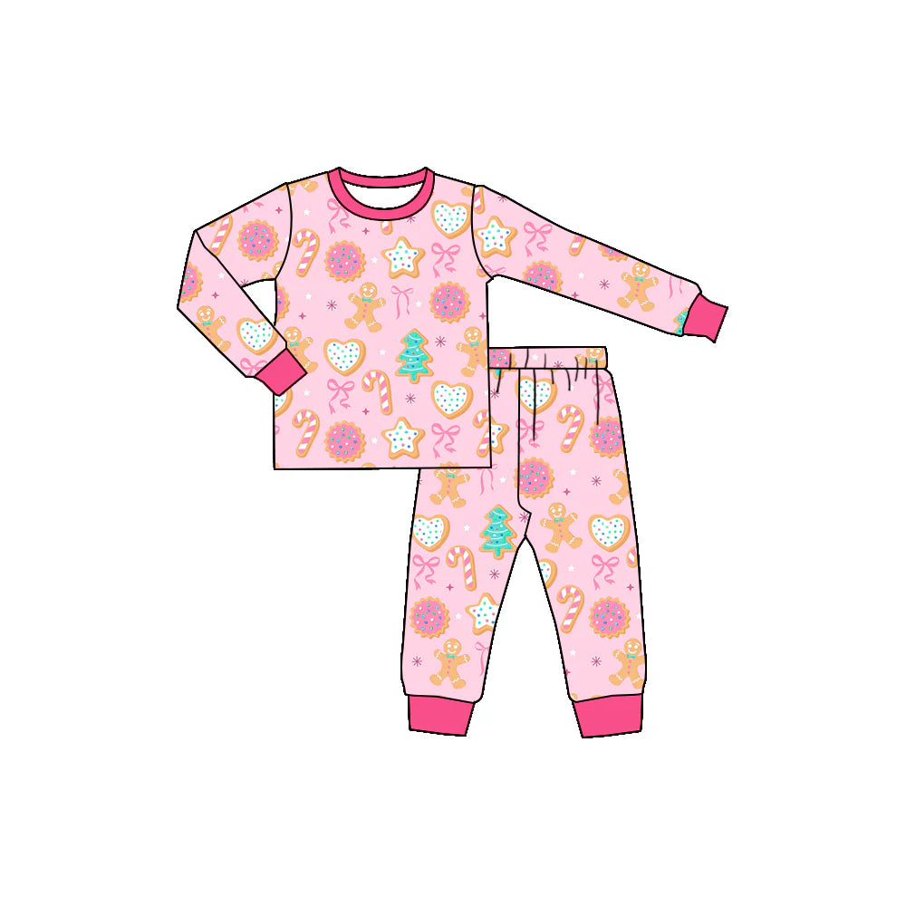 X902Preorder (moq 5)Baby Girls Christmas Pink Gingerbread Trees Shirts Pants Pajamas Sets