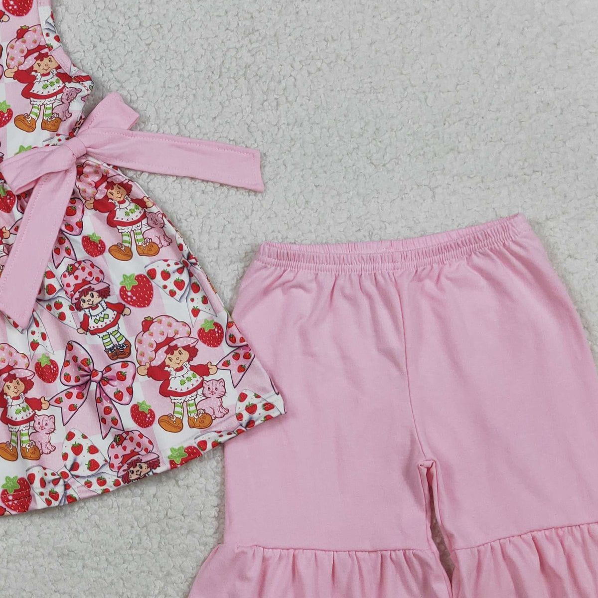 3.28 GSSO3104 Sleeveless strawberry bow tunic ruffle shorts girls outfits