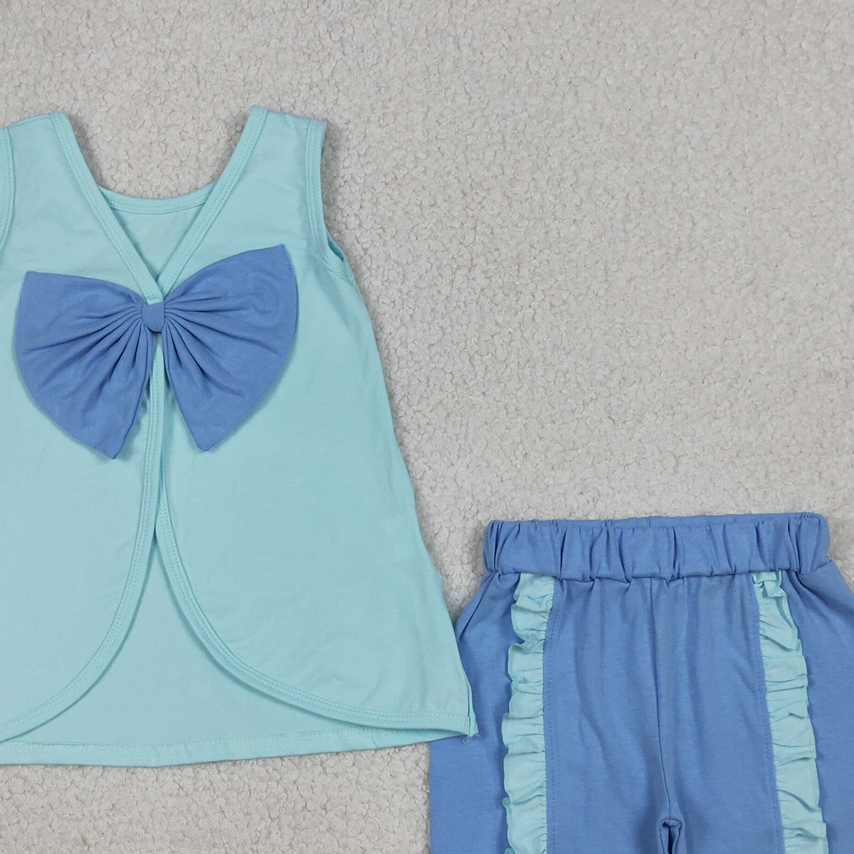 4.1 GSSO3463 Baby Girls Blue Sleeveless Back Bows Tunic Ruffle Shorts Clothes Sets
