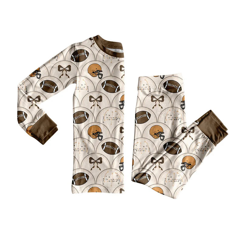 X909Preorder (moq 5)Baby Boys Footballs Bows Checked Top Pants Team Pajamas Sets