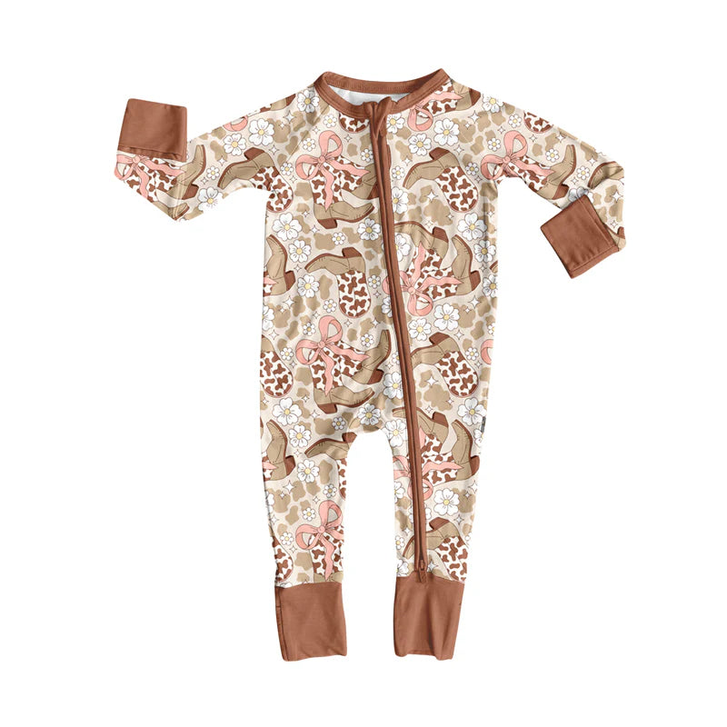7.16Preorder (moq 5)Baby Girls Long Sleeves Brown Cow Print Bows Boots Flowers Zipper Romper