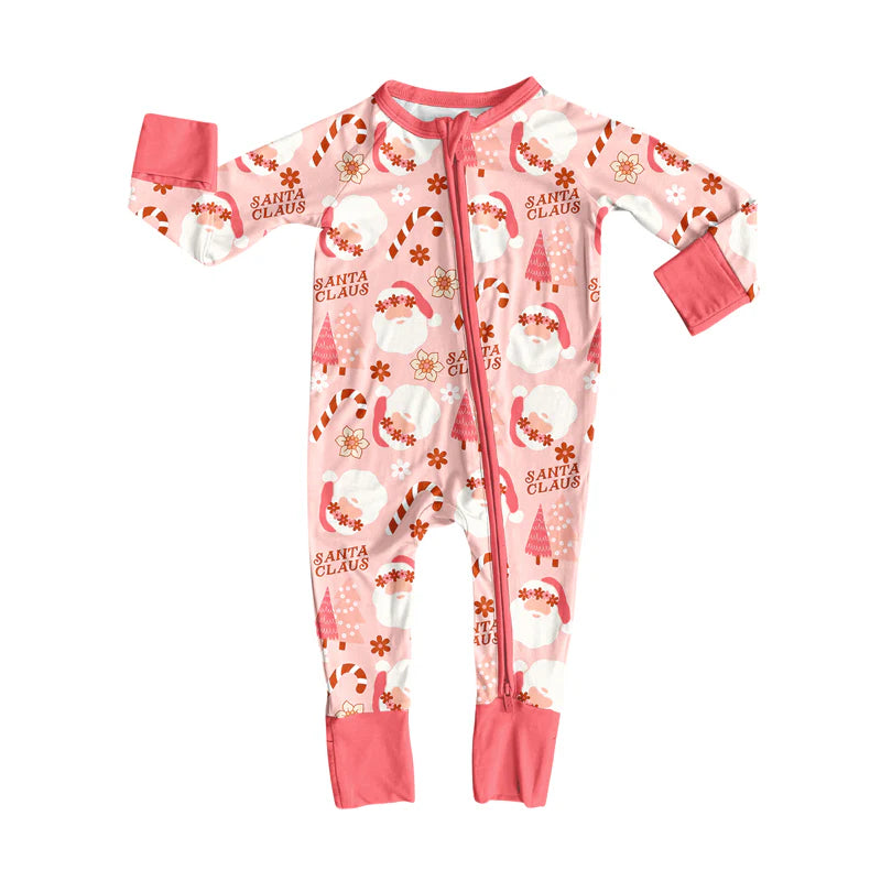 8.1Preorder(moq 5)Baby Girls Pink Santa Candy Cane Zipper Pant Rompers