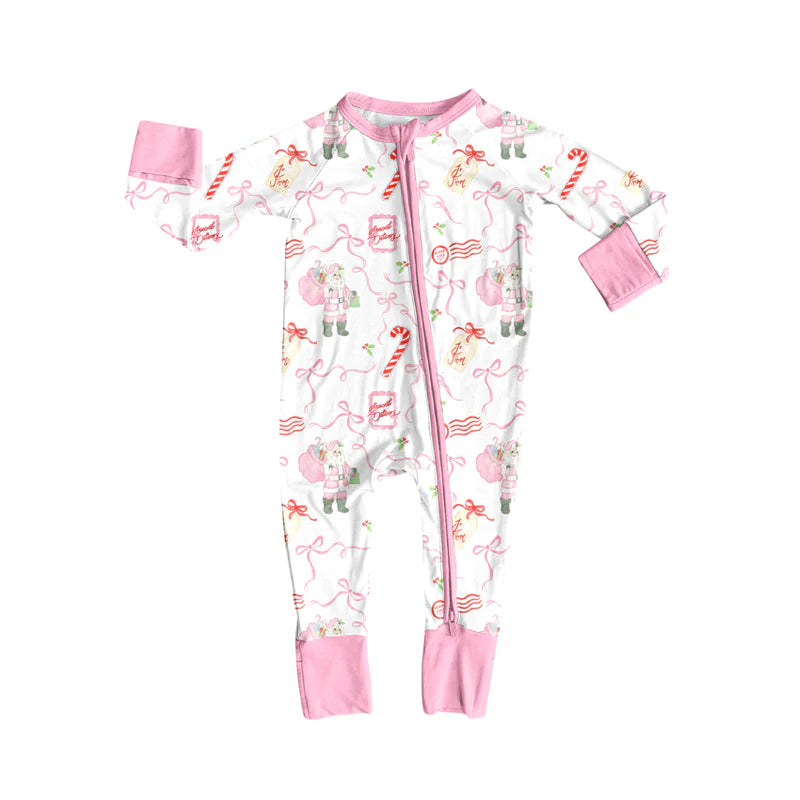 7.16Preorder (moq 5)Baby Girls Long Sleeves Pink Santa Bows Candy Cane Zipper Romper