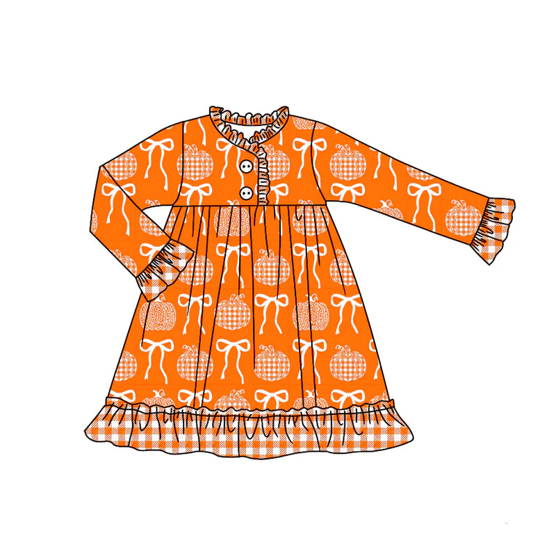 7.12Preorder (moq 5)Baby Girls Long Ruffle Sleeves Bows Pumpkins Plaid Button Knee Length Dresses