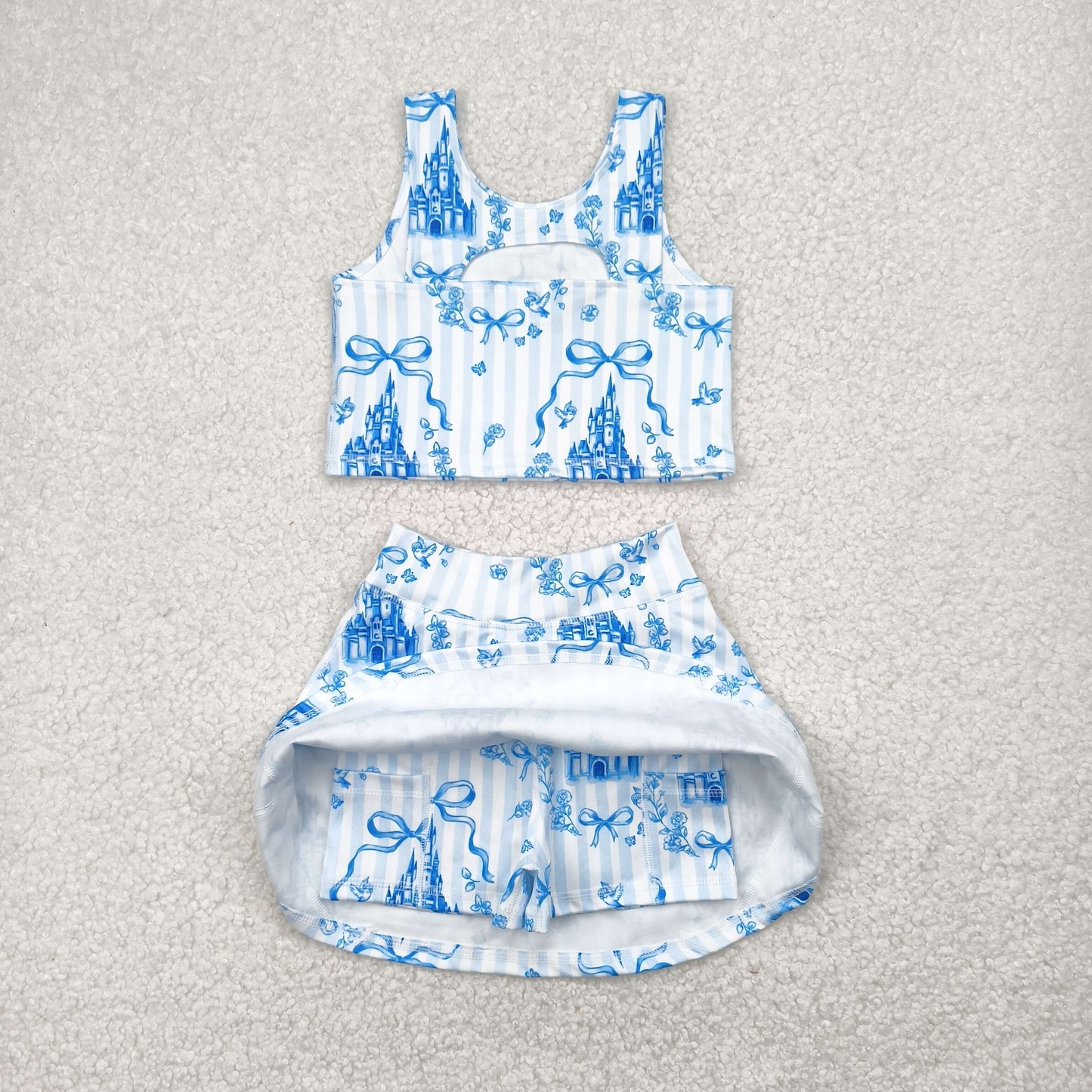4.25 GSD2198 Bow pattern castle blue striped vest skirt yoga set