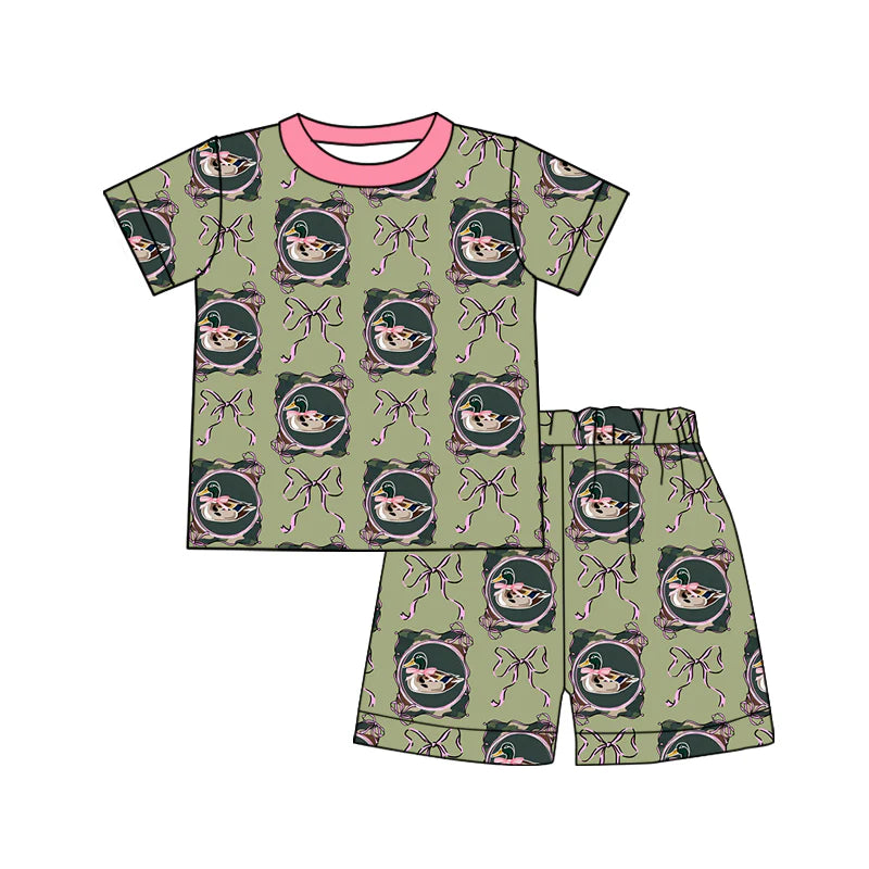 X918Preorder (moq 5)Baby Girls Bows Ducks Checked Top Shorts Western Pajamas Sets