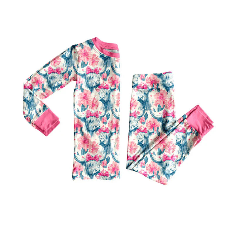 X927Preorder (moq 5)Baby Girls Highland Cows Flowers Top Pants Western Pajamas Sets