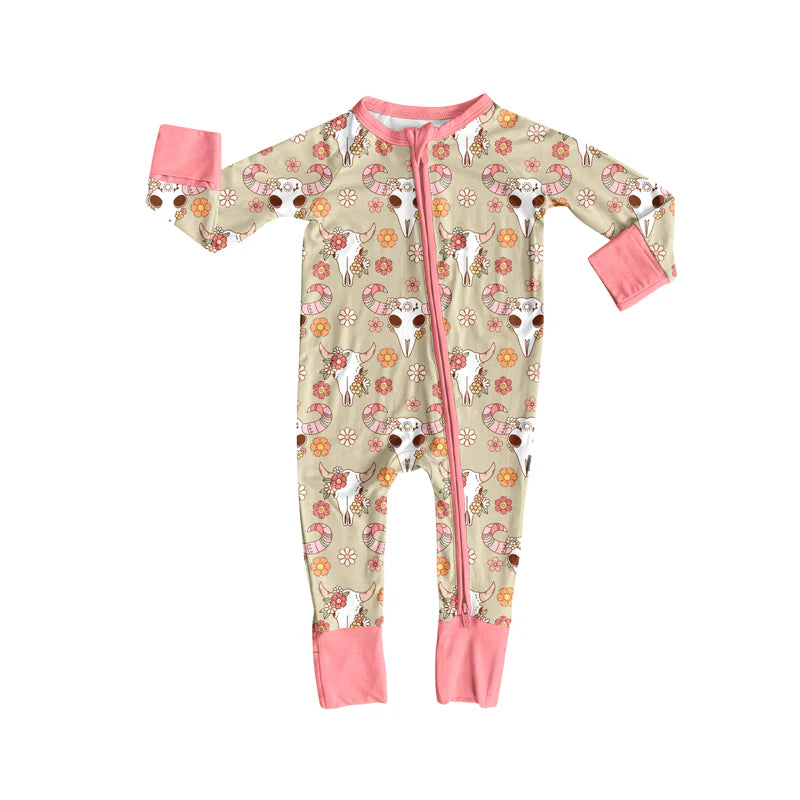 7.16Preorder (moq 5)Baby Girls Pink Long Sleeves Flowers Bull Skull Plaid Zipper Romper
