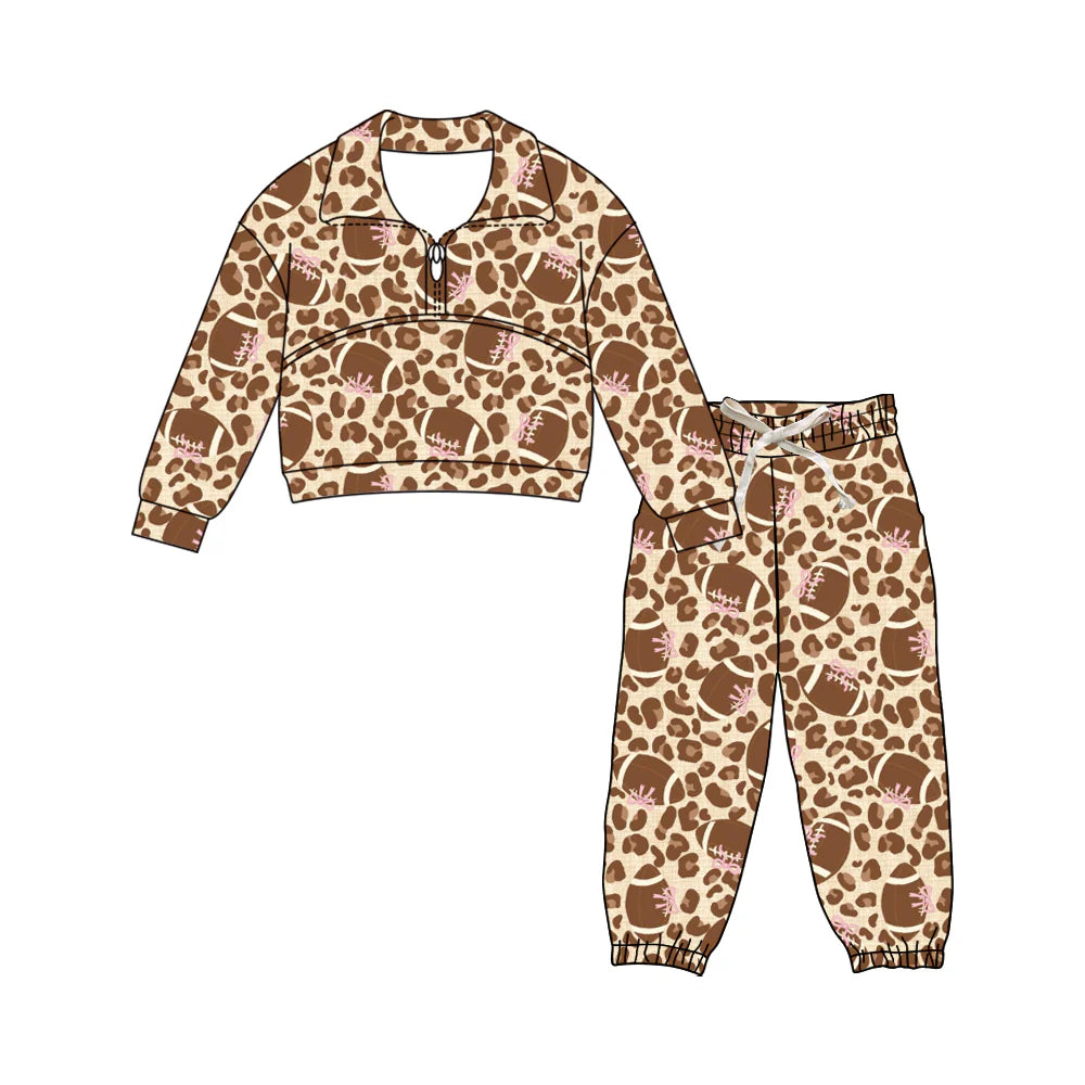 X11.25Preorder (moq 5)Baby Girls Leopard Bow Footballs Zipper Pullover Pants Team Clothes Sets