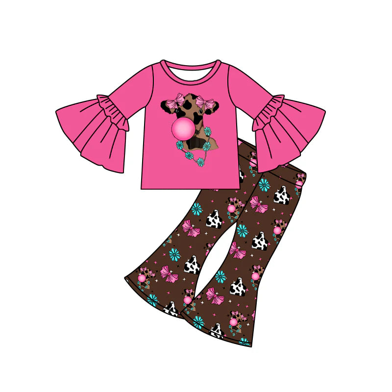 7.31preorder(moq 5) Baby Girls Bell Sleeves Cows Flowers Top Flare Pants Set