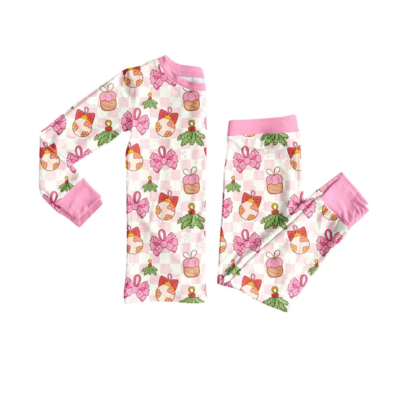 7.10Preorder (moq 5)Baby Girls Long Sleeves Pink Plaid Holly Lights Top Pant Pajamas Clothes Set
