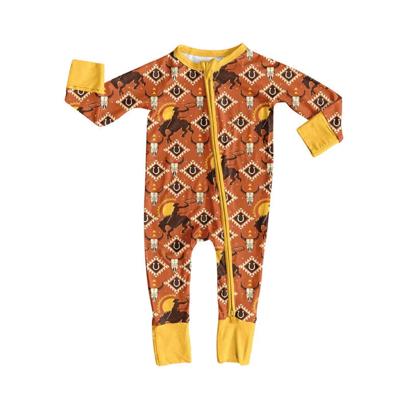 8.12Preorder(moq 5)Baby Boys Western Cowboys Rodeo Zipper Footie Rompers
