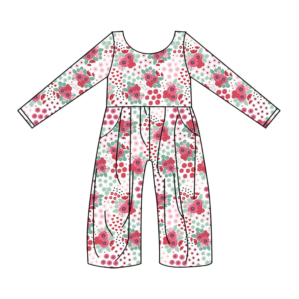 X922Preorder (moq 5)Baby Girls Long Sleeve Hearts Flowers Pockets Jumpsuits