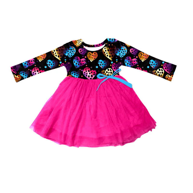 X101Preorder (moq 5)Baby Girls Polka Dots Hearts Long Sleeve Valentine Tulle Knee Length Dress