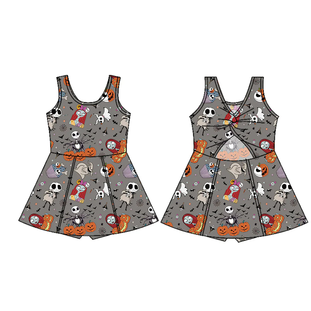 7.18Preorder (moq 5)Baby Girls Sleeveless Cartoon Skull Ghost Shorts Knee Length Dresses