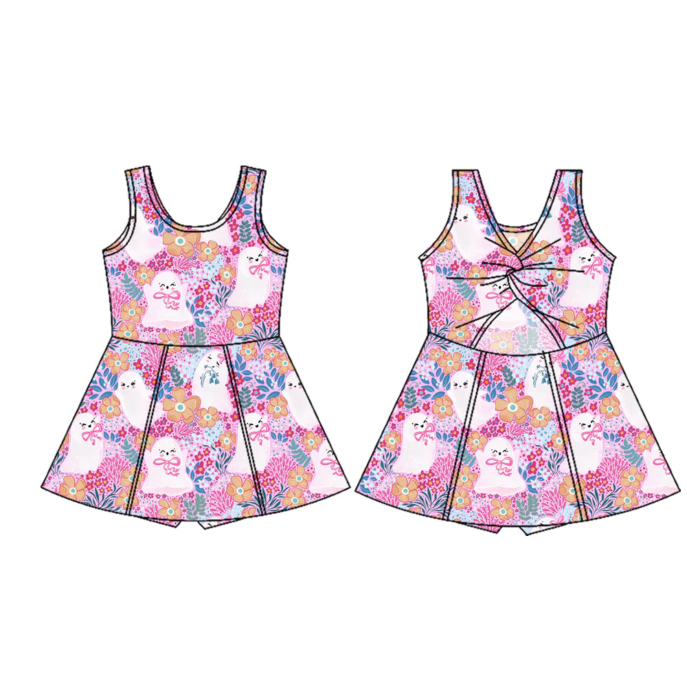 7.22Preorder (moq 5)Baby Girls Sleeveless Pink Floral Ghosts Shorts Knee Length Dresses