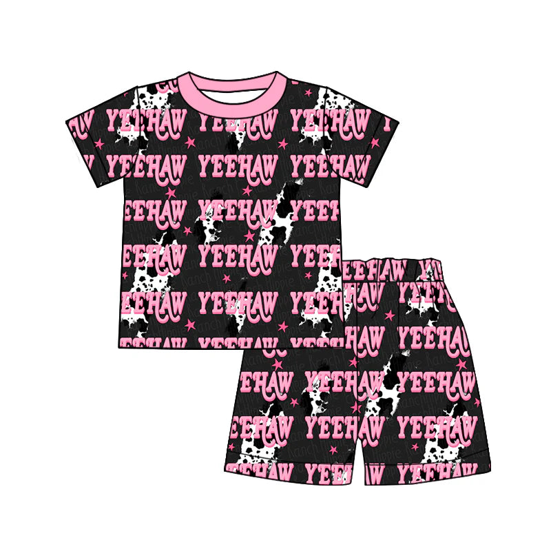 X919Preorder (moq 5)Baby Girls Cow Print Lights Yeehaw Top Shorts Western Pajamas Sets