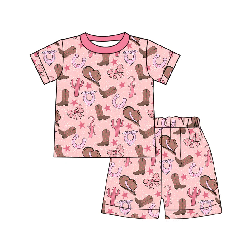 X919Preorder (moq 5)Baby Girls Hats Boots Cactus Top Shorts Western Pajamas Sets