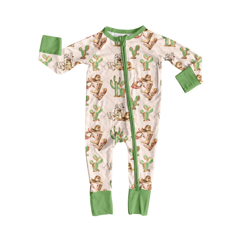 8.12Preorder(moq 5)Baby Boys Western Boots Cactus Cowboys Rodeo Zipper Footie Rompers