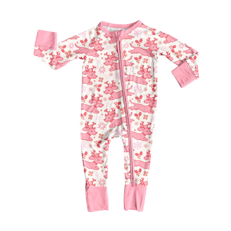 8.1Preorder(moq 5)Baby Girls Pink Deer Snowflakes Zipper Pant Rompers