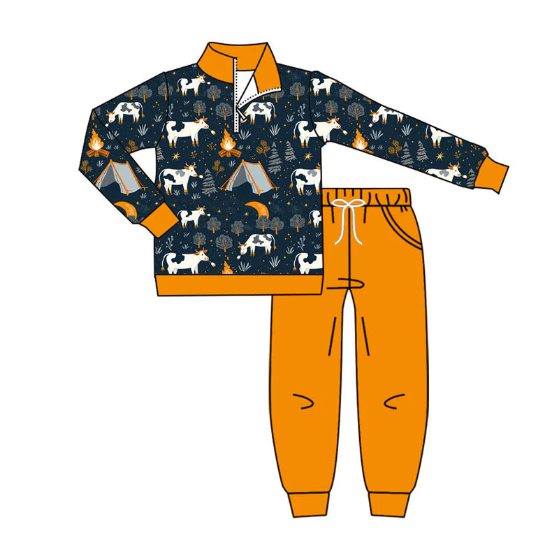 X909Preorder (moq 5)Baby Boys Cows Fire Adventure Zipper Pullover Pockets Jogger Clothes Sets