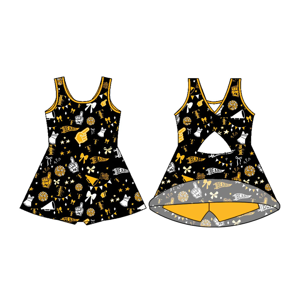 7.18Preorder (moq 5)Baby Girls Sleeveless Black Bears Bow Team Shorts Team Dresses