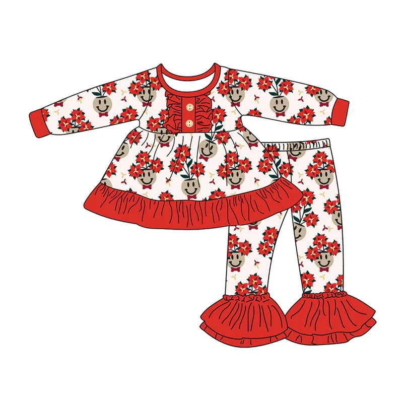 X917Preorder (moq 5)Baby Girls Long Sleeves Red Flowers Smiles Button Tunic Bell Bottom Pants Set