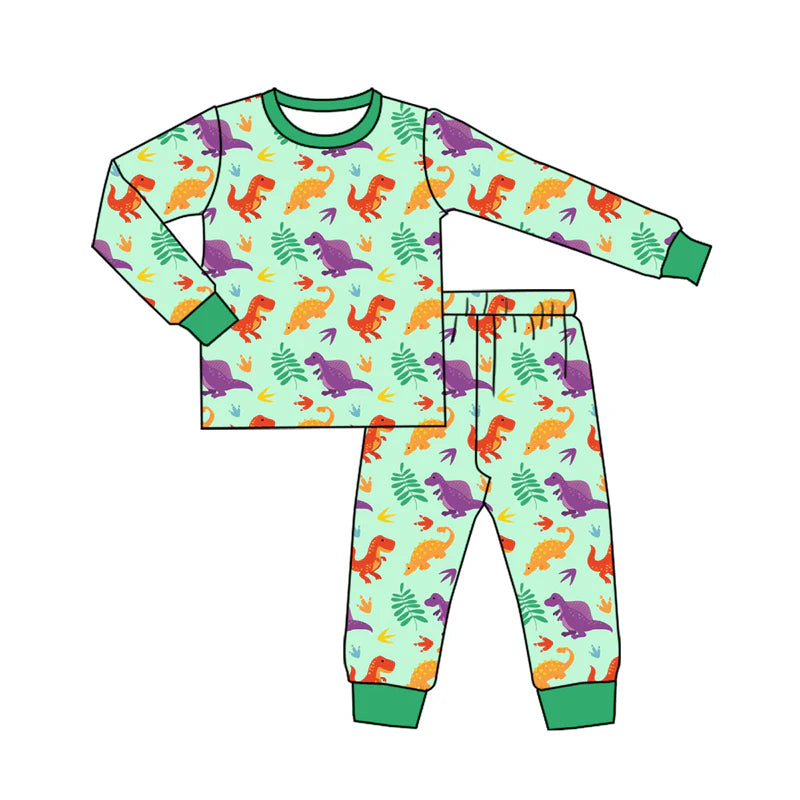 7.10Preorder (moq 5)Baby Boys Long Sleeves Dinosaurs Plaid Top Pant Pajamas Clothes Set