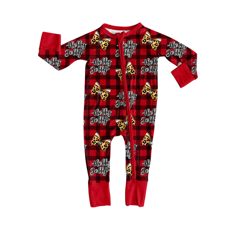 7.19Preorder(moq 5)Baby Kids Red Plaid Leopard Bows Holly Jolly Zipper Pant Rompers