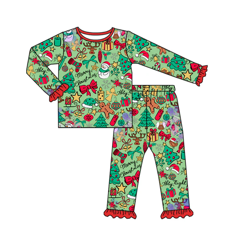 7.30Preorder(moq 5) Baby Girls Long Ruffle Sleeves Santa Gingerbread Top Pants Pajamas Set