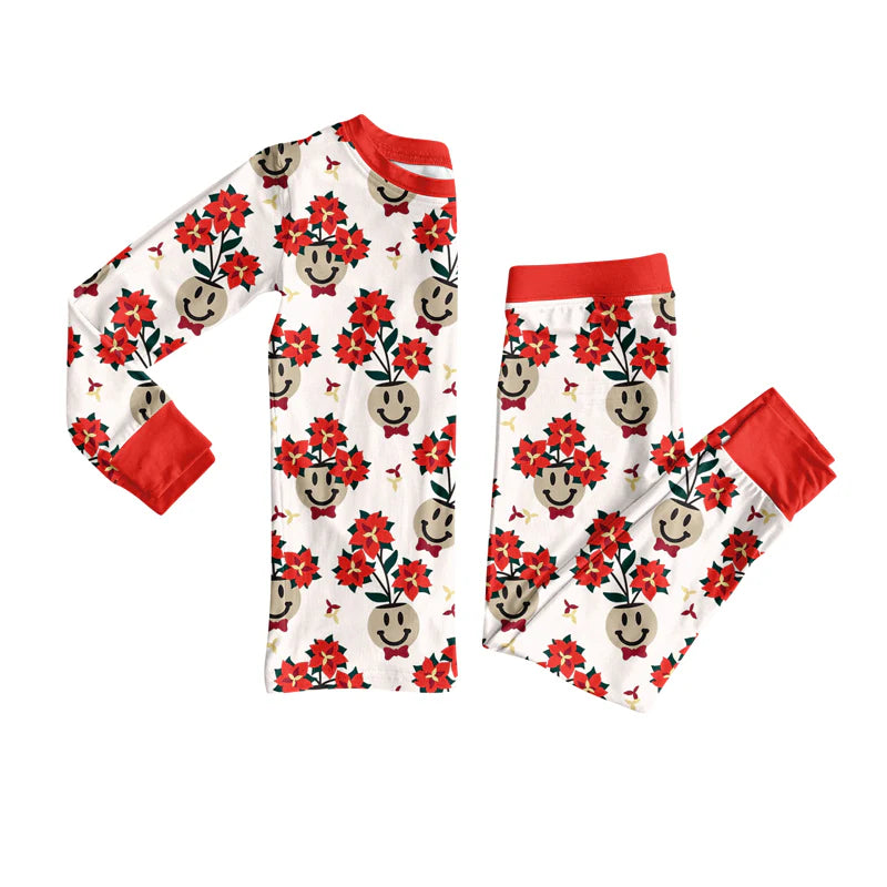 X917Preorder (moq 5)Baby Girls Long Sleeves Red Flowers Smiles Button Tunic Bell Bottom Pants Set(副本)