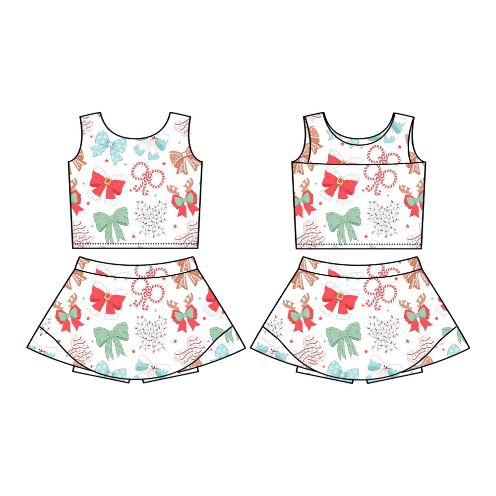 7.18Preorder (moq 5)Baby Girls Sleeveless Candy Cane Bows Vest Top Skorts Set