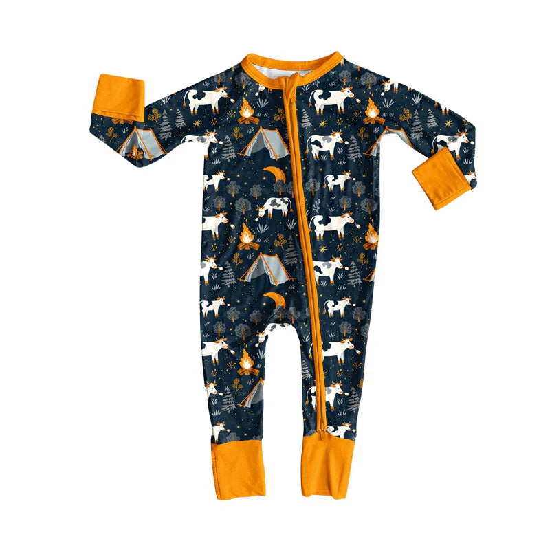 X908Preorder (moq 5)Baby Boys Cows Fire Adventure Western Zipper Footie Rompers
