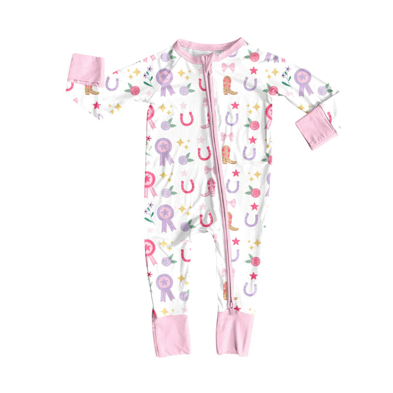 X8.14Baby Girls Western Rodeo Stars Bows Zipper Footie Rompers