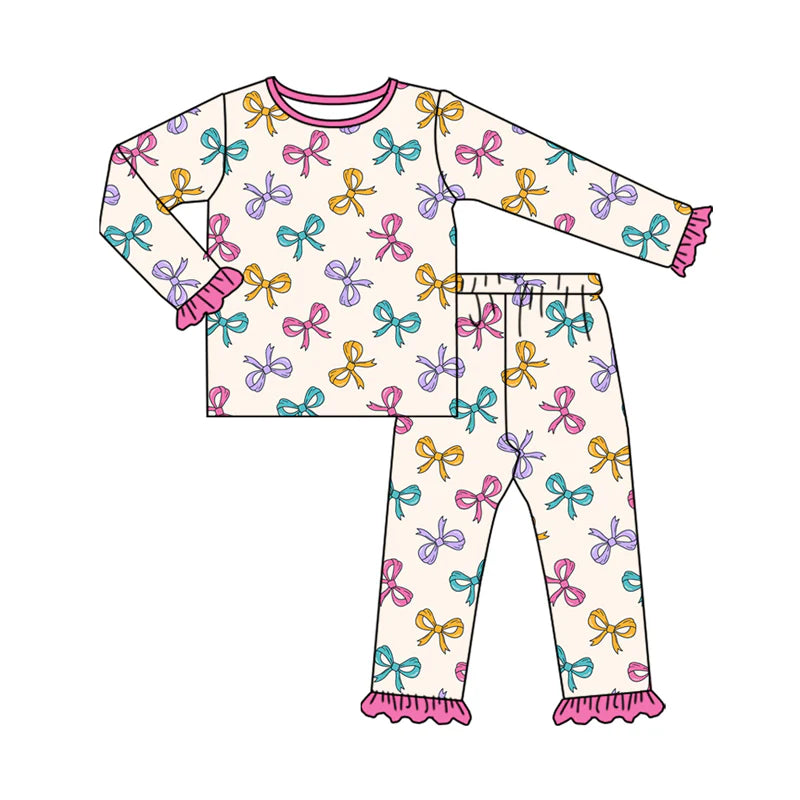 8.4Preorder (moq 5)Baby Girls Colorful Bows Plaid Top Ruffle Pant Pajamas Set