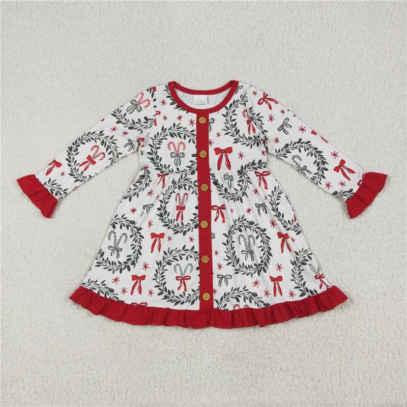7.8 GLD1082 Christmas wreath bow pattern red lace button long sleeve dress