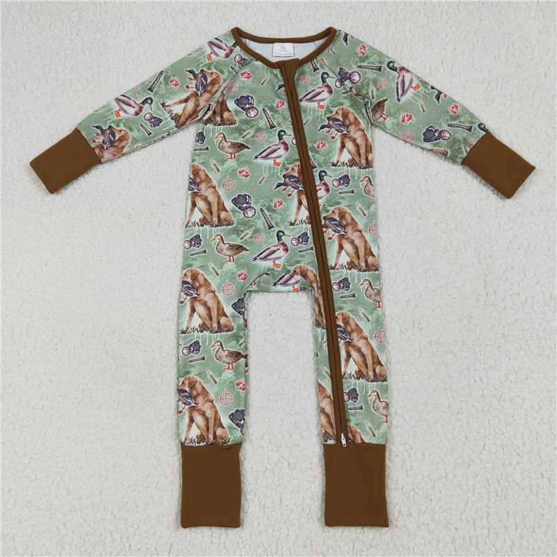 7.8 LR2234 Duck Puppy Brown Green Zipper Long Sleeve Onesie