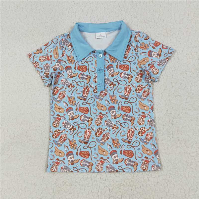 7.25 BT1256 Boots, cowboy hat, blue button-down short-sleeved top