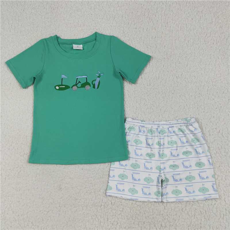 X12.8 BSSO1540 Embroidered Golf Sightseeing Vehicle Green Short-Sleeve Striped Shorts Set