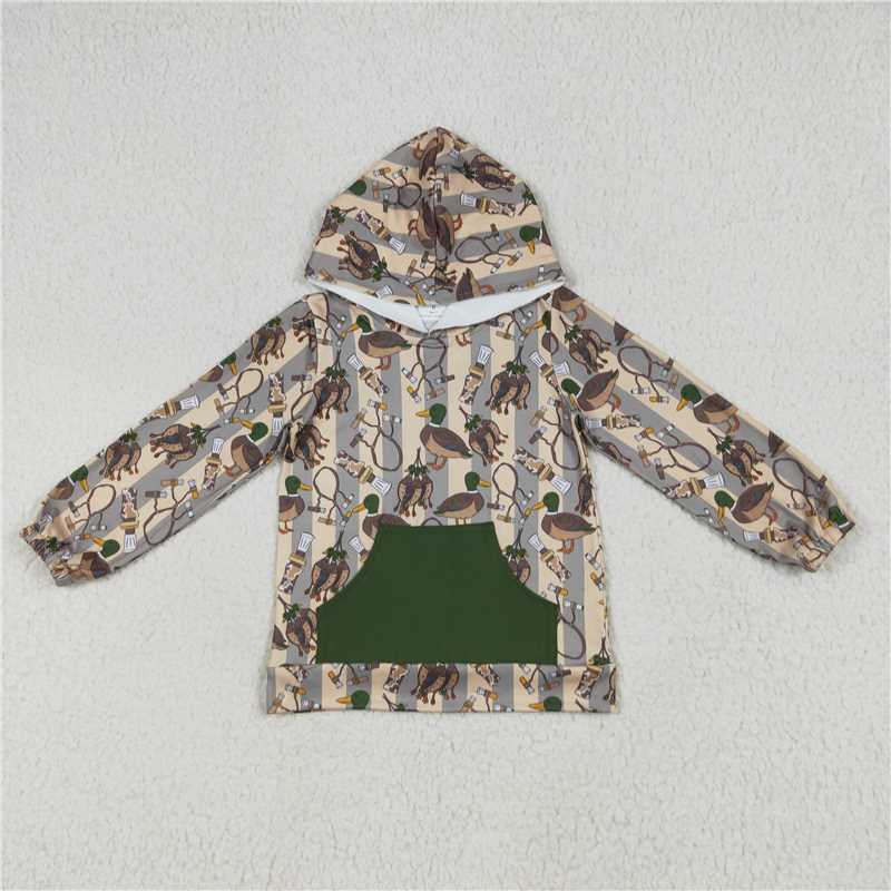7.9 BT1267 Duck stripe green pocket hooded long sleeve top