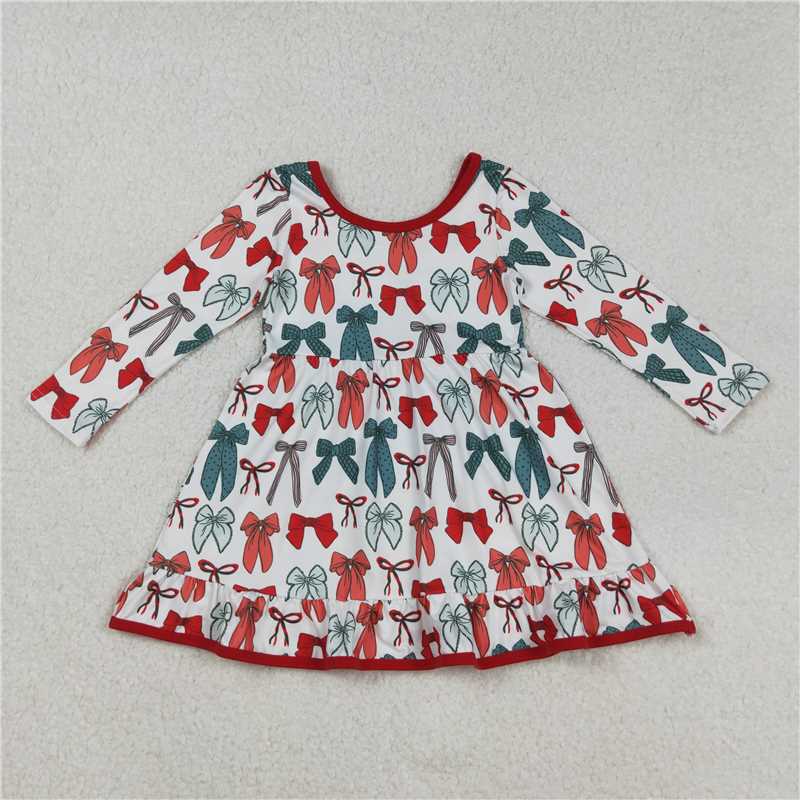 X828 GLD1250 Beige long-sleeved dress with red and green Christmas bow pattern