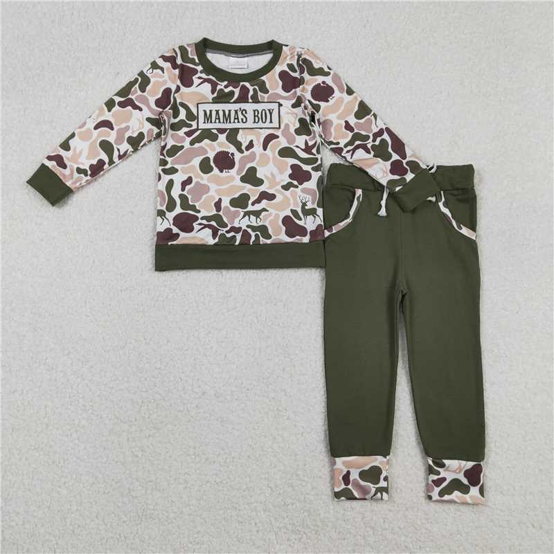 X12.10 BLP1338 Embroidered Mama's Boy Duck and Puppy Camouflage Long-Sleeve Pants Set