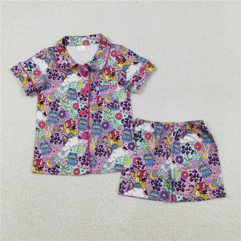 X12.5 GSSO2754 Kpop Floral Leopard Print Moon Pink Purple Short-Sleeve Shorts Pajama Set