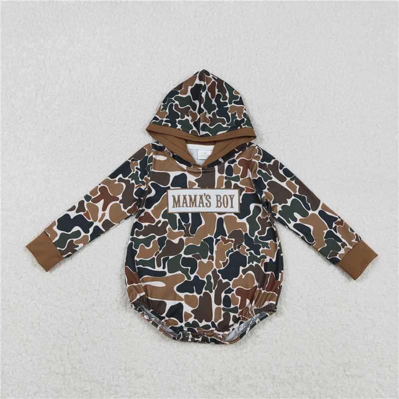 x12.12 LR2796 Embroidered Mama's Boy Brown-Green Camouflage Beige Hooded Long-Sleeved Jumpsuit